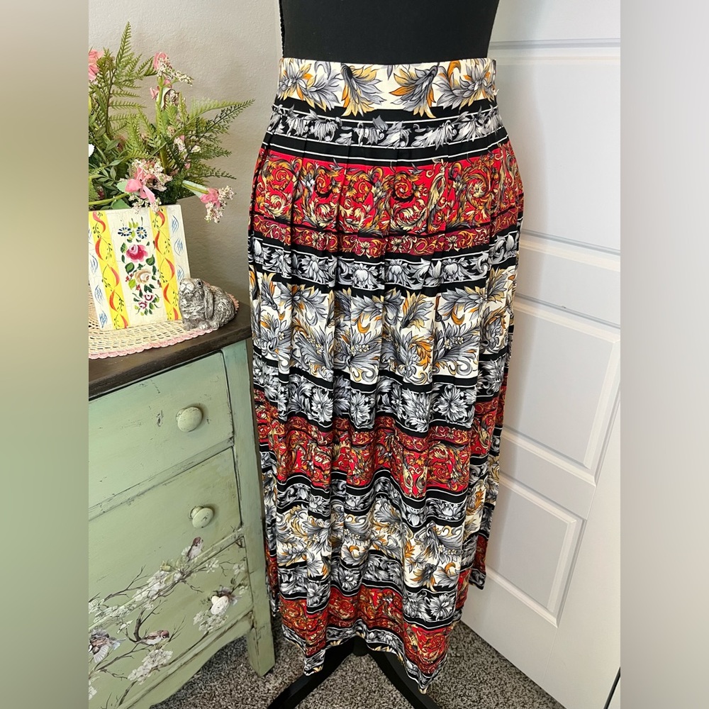 Worthington Vintage 80s/90s Grey Red Gold Paisley Stripe Pleated Maxi Skirt Sz M
